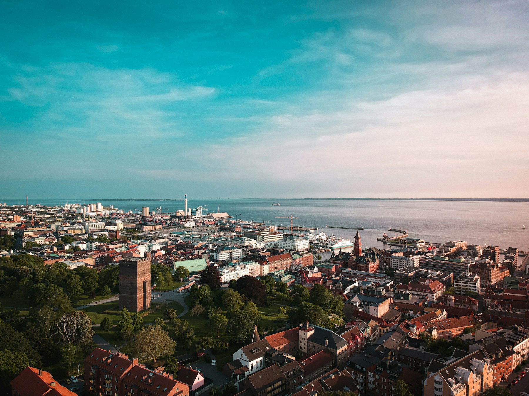 Aerial view over Helsingborg and the Øresund strait