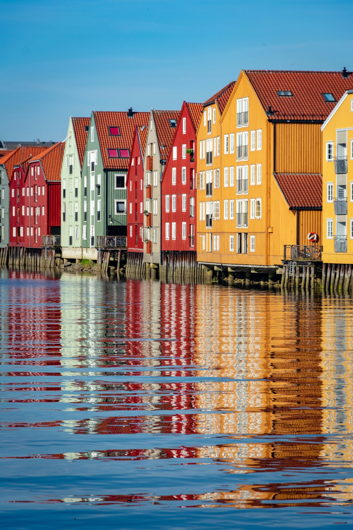 Colourful warehouses on stilts in Trondheim